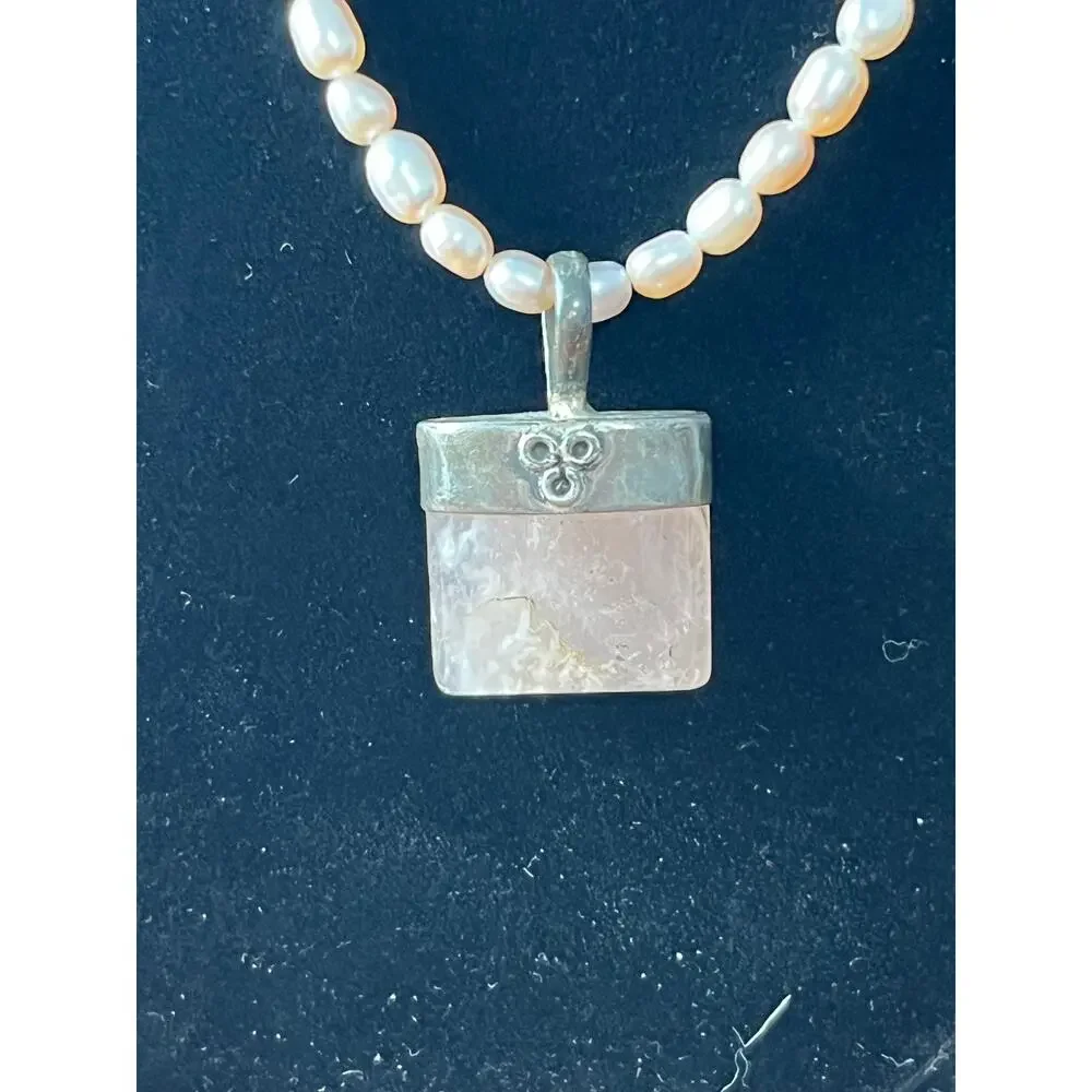 Sterling Silver 925 Rose Quartz Pendant Necklace Pink Freshwater Pearls Artisan